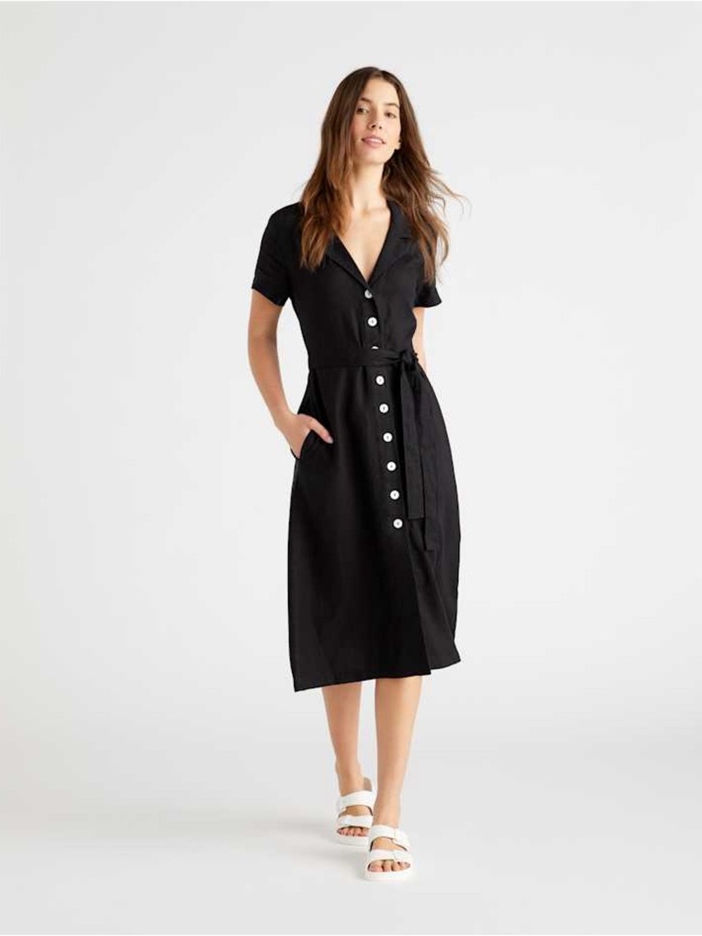 Quince 100% European Linen Button Front Short Sleeve Tie Midi Dress Black Small